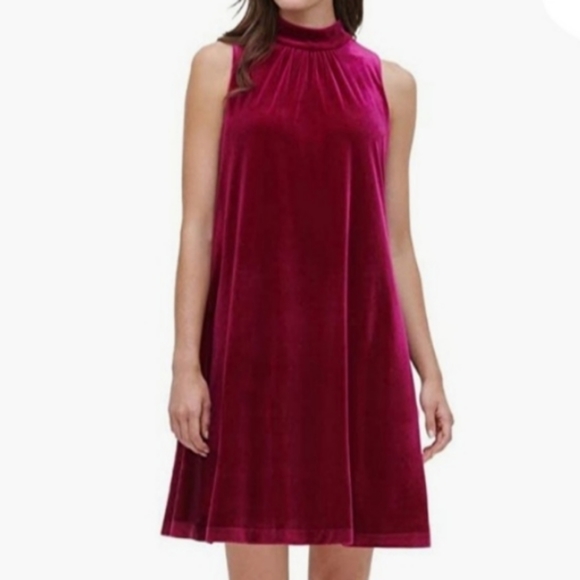 Slvls MockNeck Velvet Burnout Midi TrapezeDress Fuchsia - Picture 3 of 16